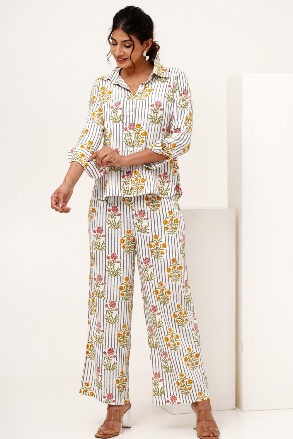 Melody Cascade Hand Block Printed Modal Silk Co - Ord Set - SootiSyahi