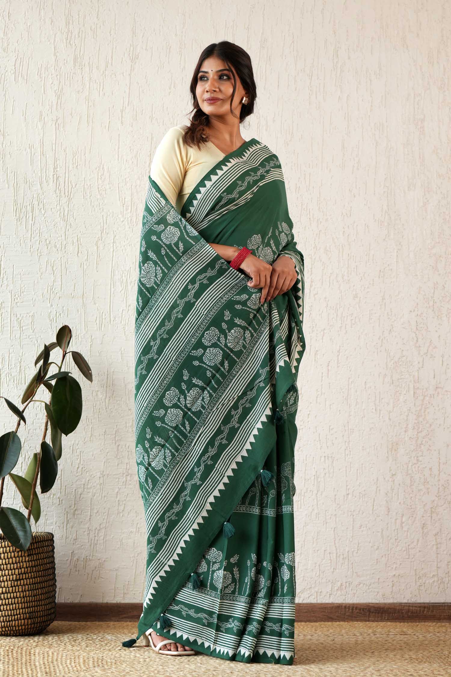 Moonlit Mirage - Hand Block Mul Cotton Saree - SootiSyahi