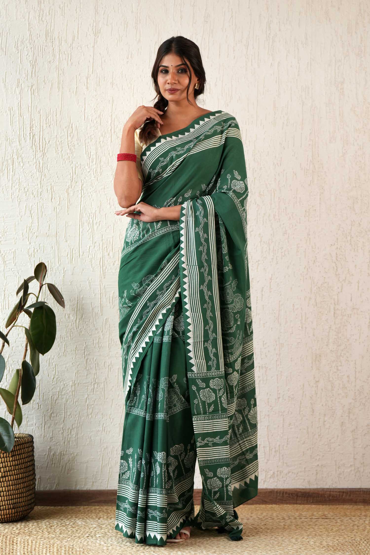 Moonlit Mirage - Hand Block Mul Cotton Saree - SootiSyahi