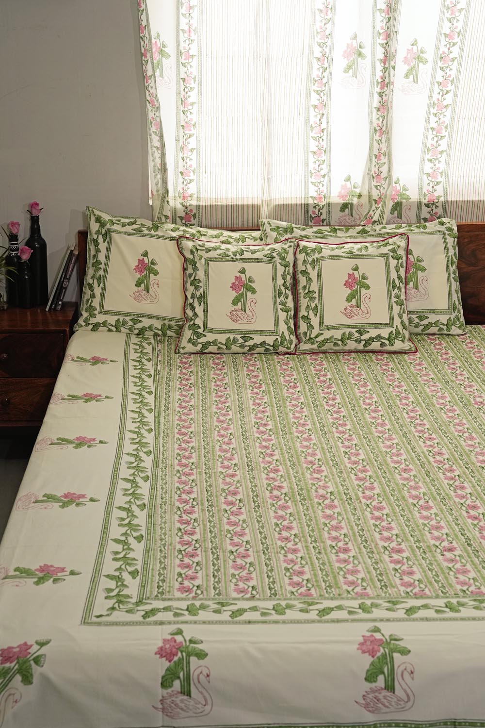Serene Swan Song Hand Block Printed Cotton Percale Bedsheet