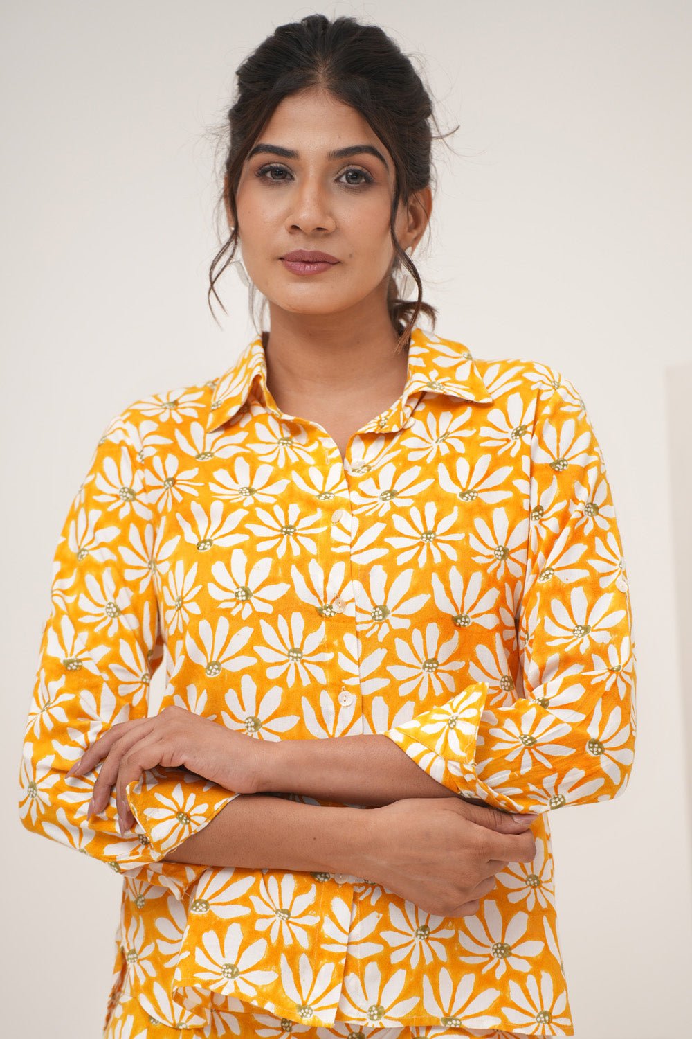 Yellow Petal Hand Block Printed Modal Silk Co - Ord Set - SootiSyahi