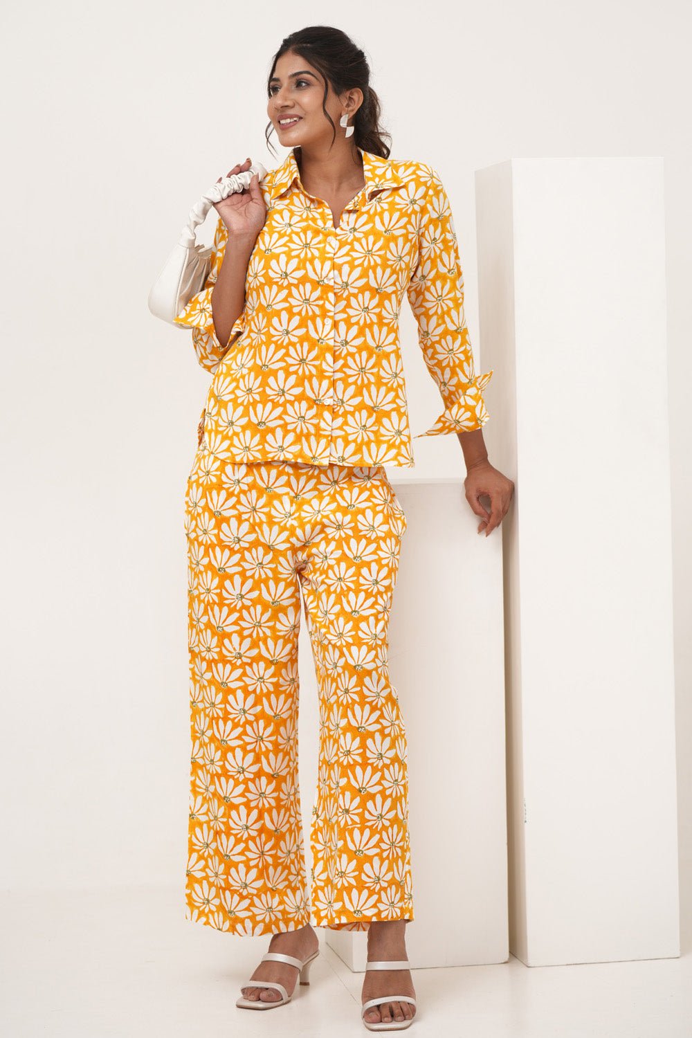 Yellow Petal Hand Block Printed Modal Silk Co - Ord Set - SootiSyahi