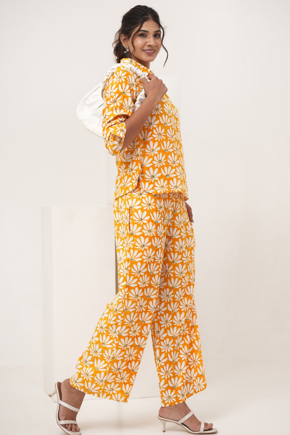 Yellow Petal Hand Block Printed Modal Silk Co - Ord Set - SootiSyahi