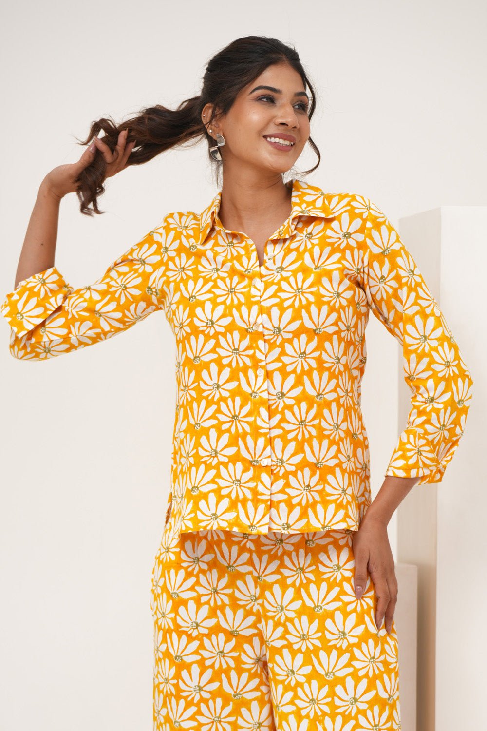 Yellow Petal Hand Block Printed Modal Silk Co - Ord Set - SootiSyahi