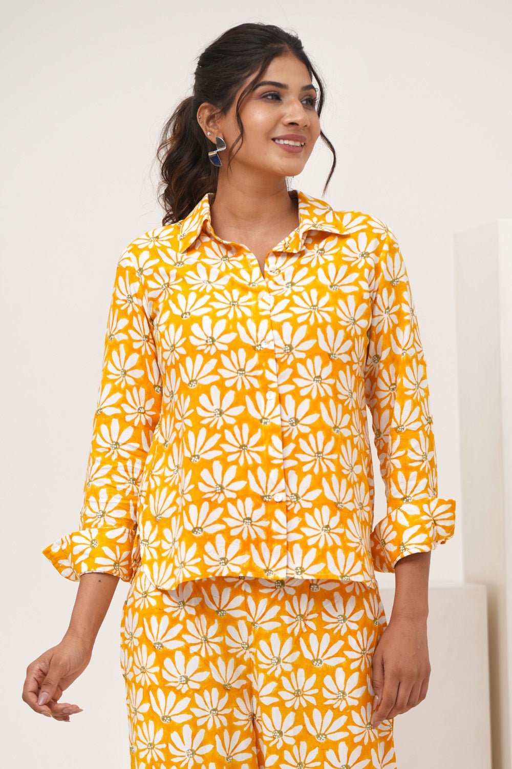 Yellow Petal Hand Block Printed Modal Silk Co - Ord Set - SootiSyahi