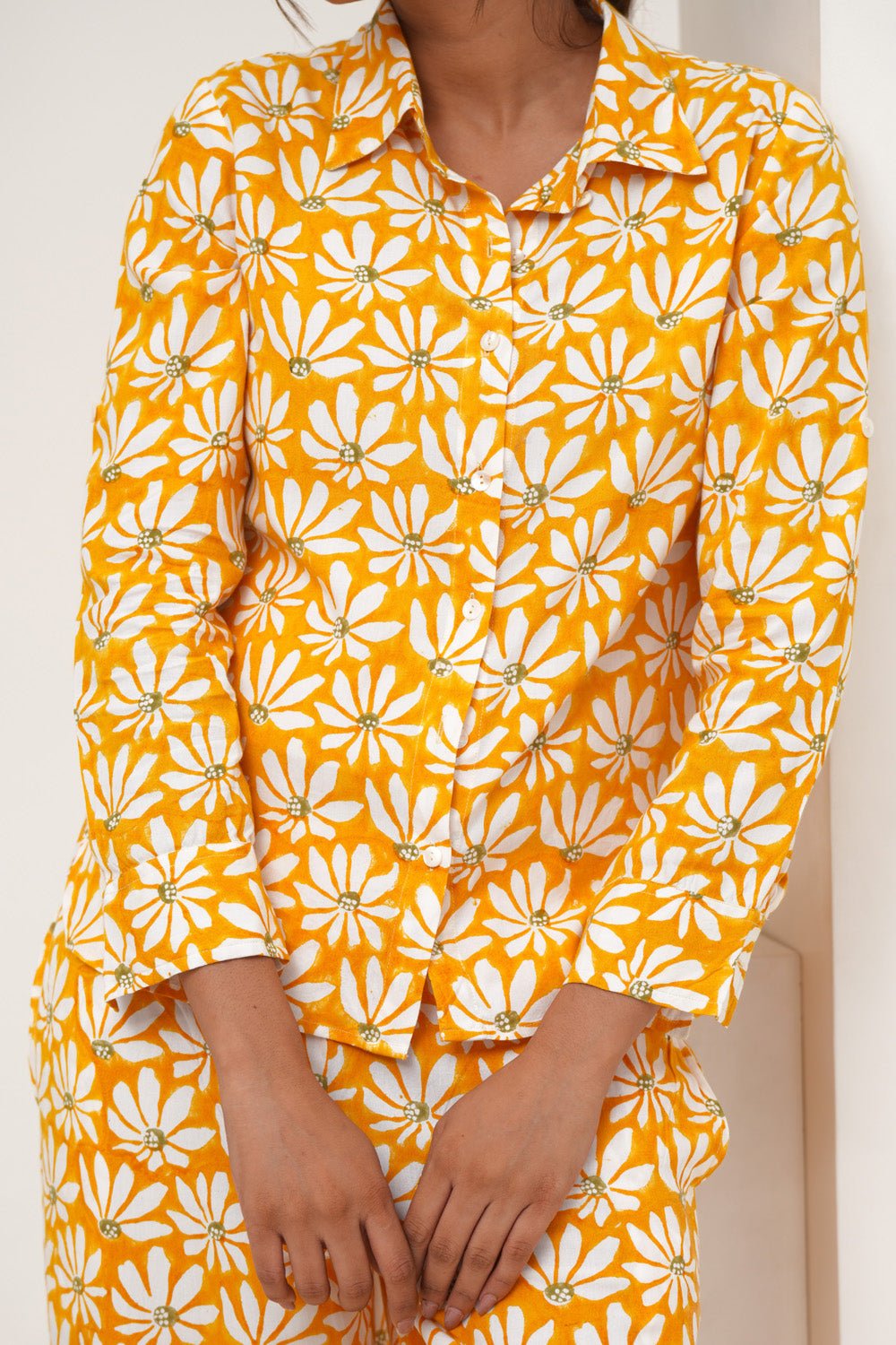 Yellow Petal Hand Block Printed Modal Silk Co - Ord Set - SootiSyahi