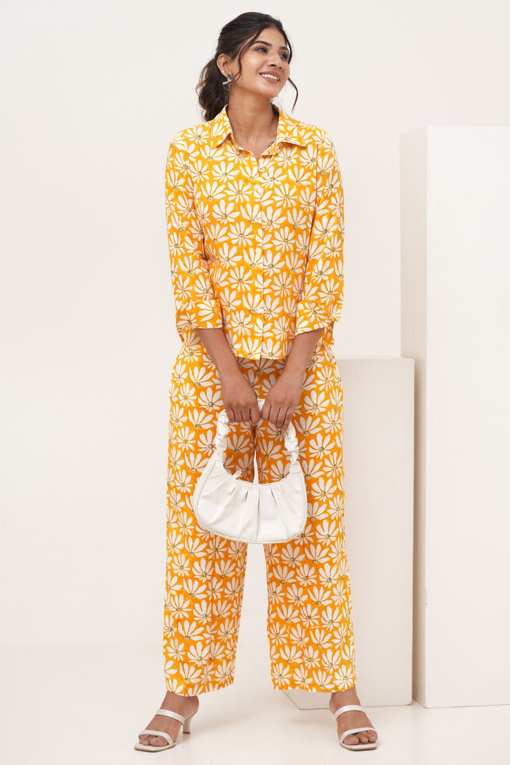 Yellow Petal Hand Block Printed Modal Silk Co - Ord Set - SootiSyahi