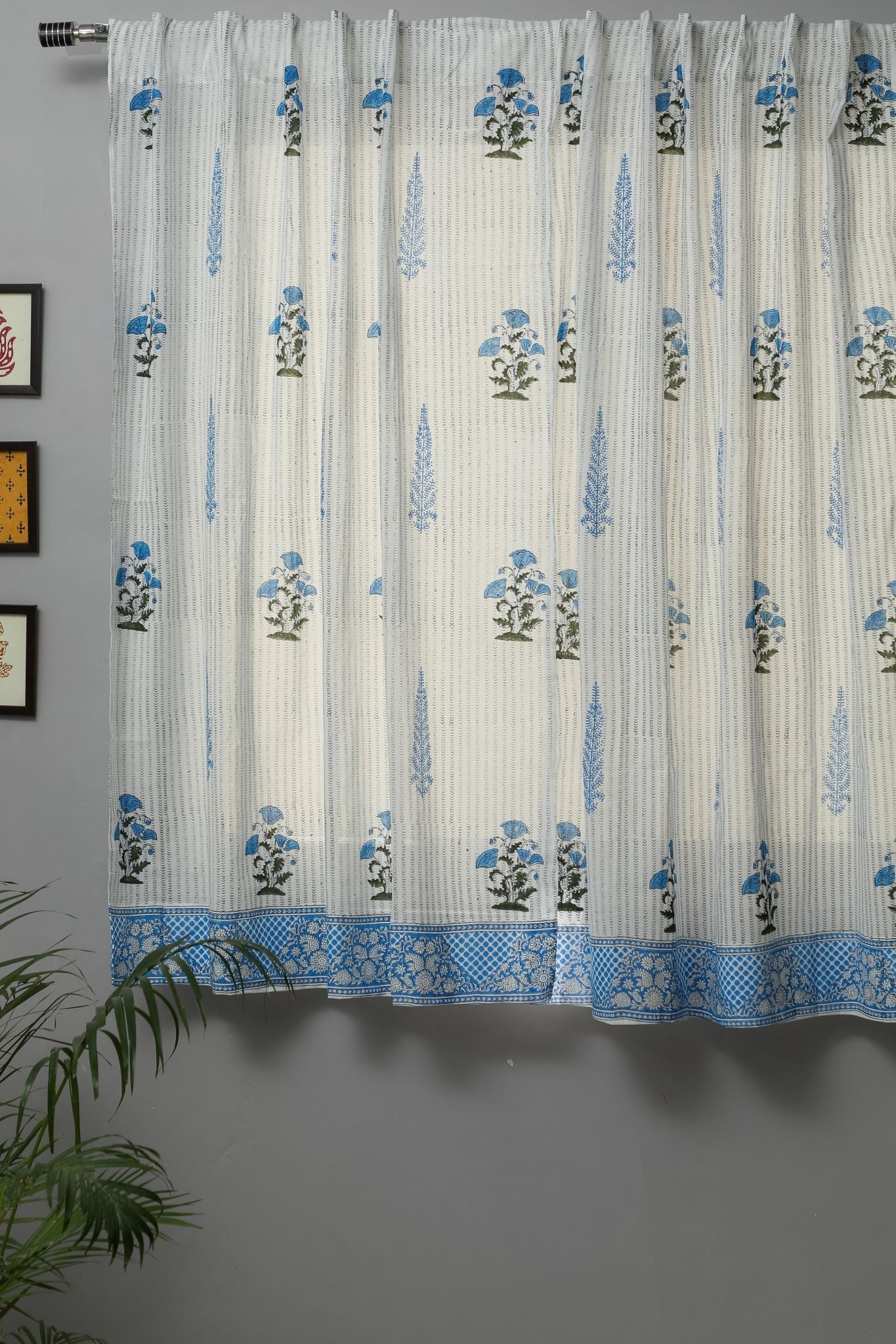 SootiSyahi 'Coral Blue' Handblock Printed Cotton Window Curtain