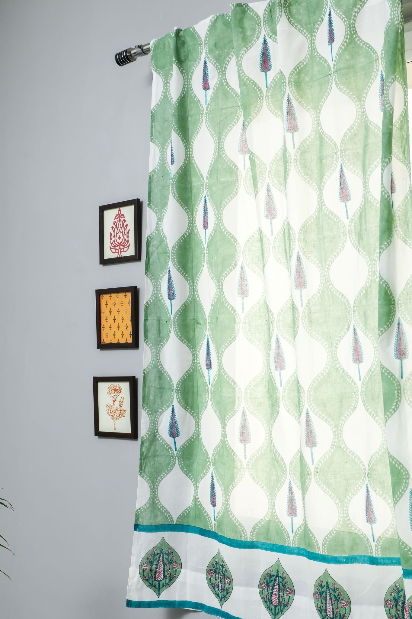 'Aloe Palm' Handblock Printed Cotton Window Curtain - SootiSyahi