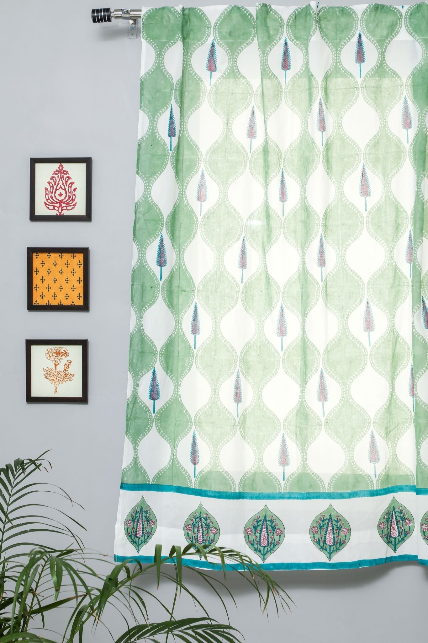 'Aloe Palm' Handblock Printed Cotton Window Curtain - SootiSyahi