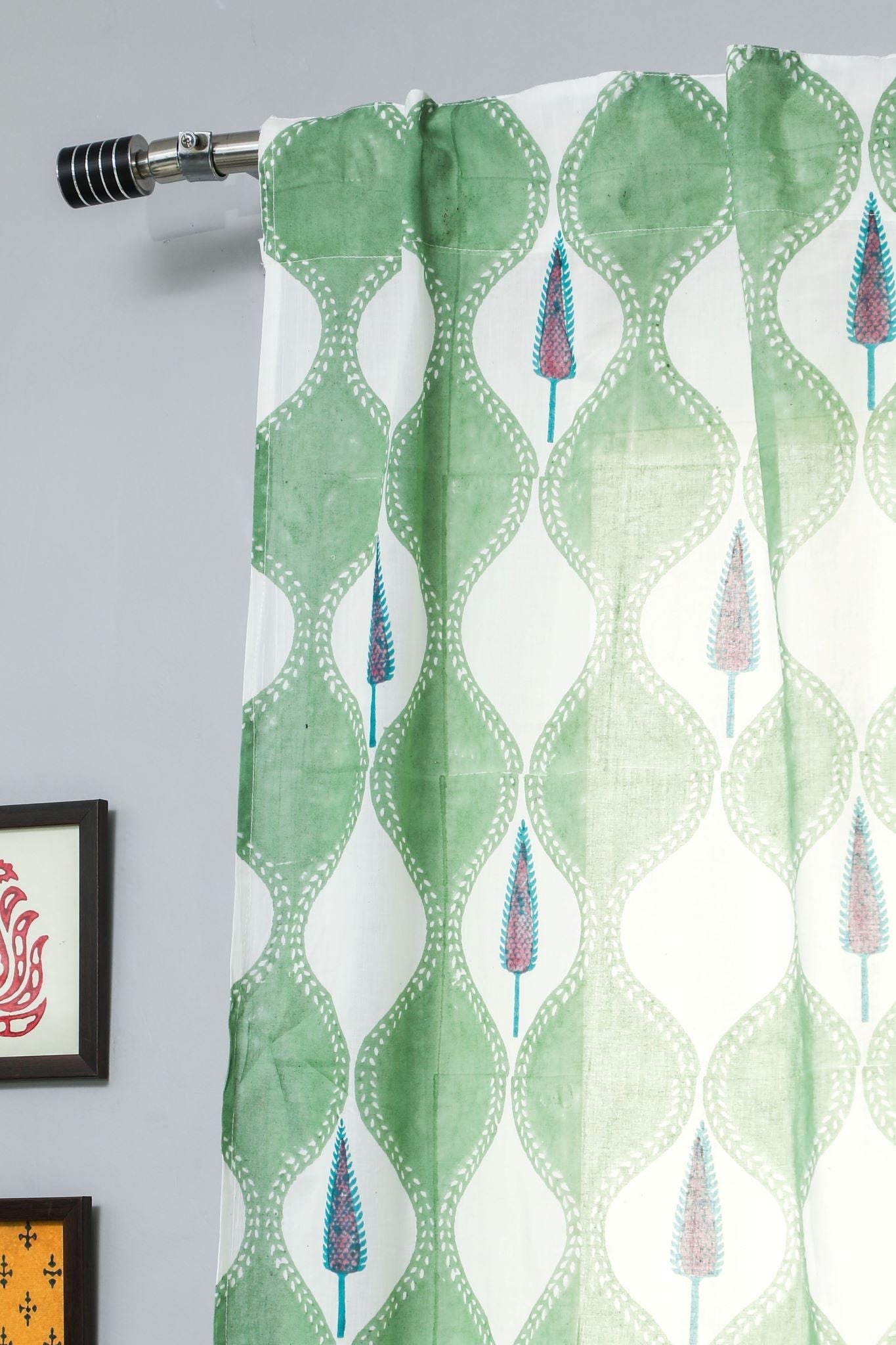 'Aloe Palm' Handblock Printed Cotton Window Curtain - SootiSyahi