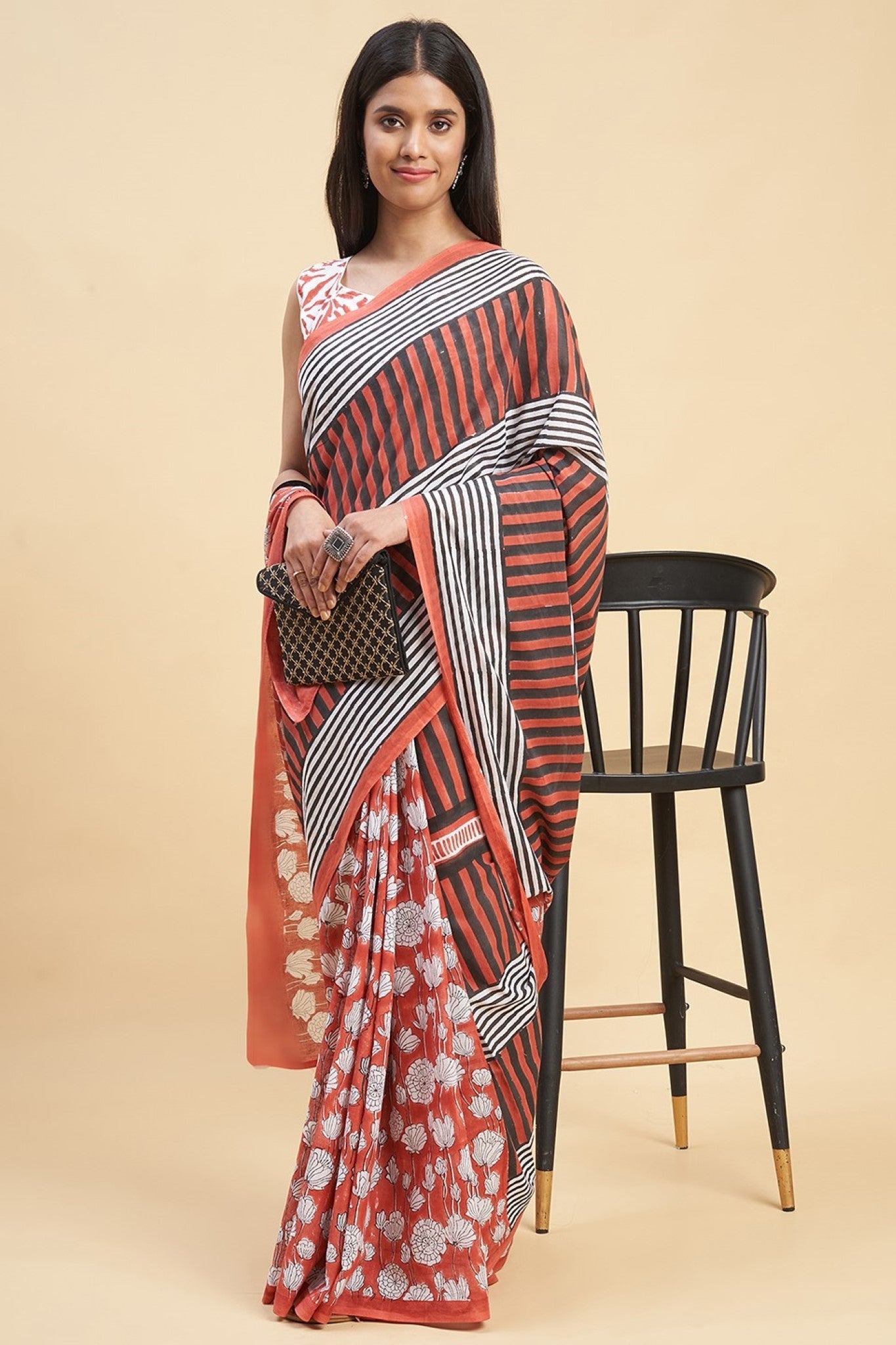 "Amaryllis Red'' Block Printed Cotton Saree - SootiSyahi