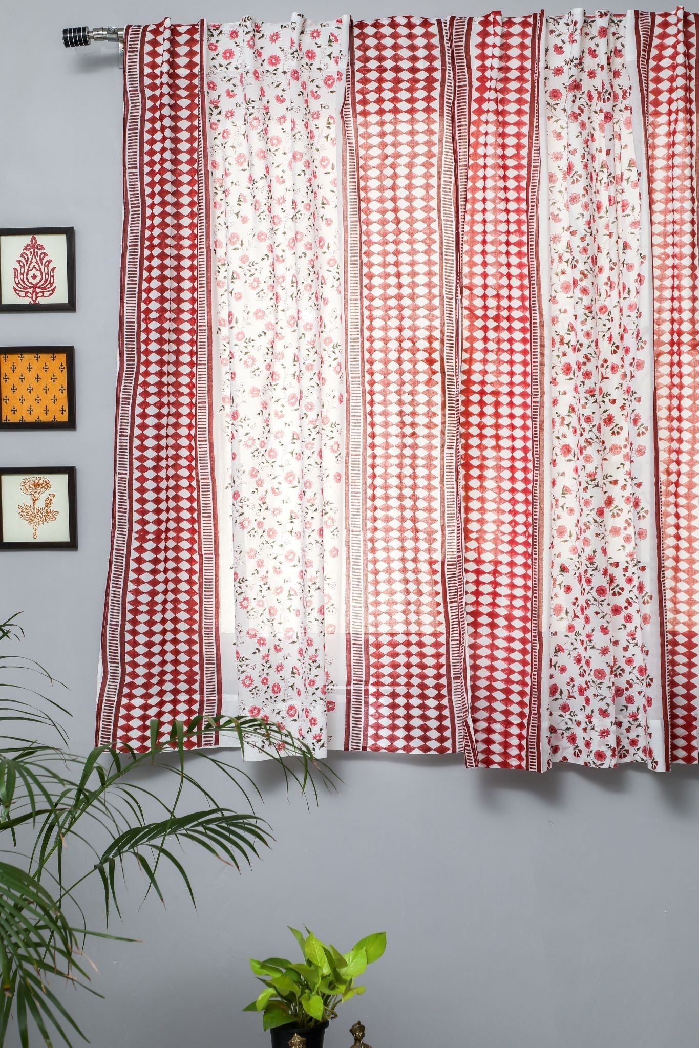 'Anemone Orchid' Handblock Printed Cotton Window Curtain - SootiSyahi