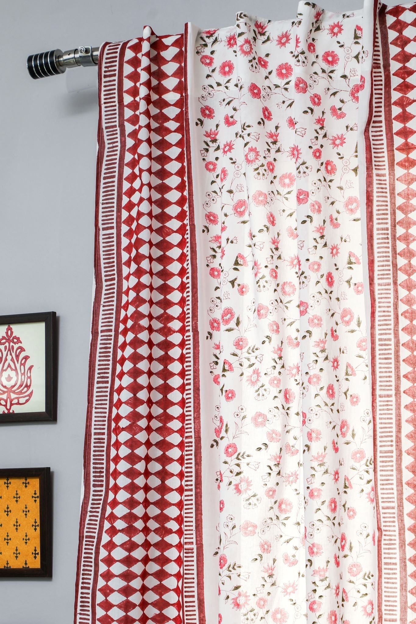 'Anemone Orchid' Handblock Printed Cotton Window Curtain - SootiSyahi
