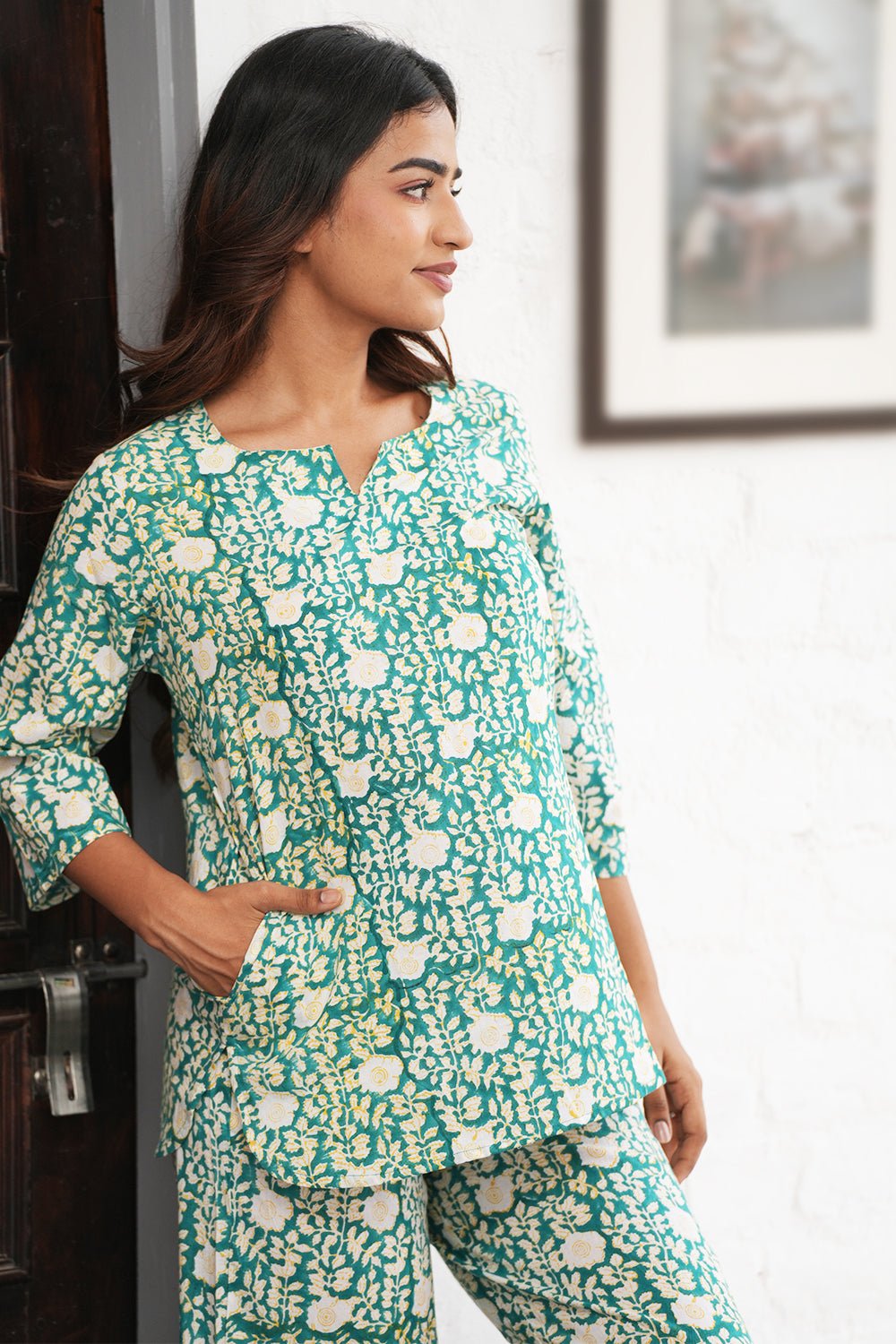 Aquamarine rush Block Printed Night suit - SootiSyahi