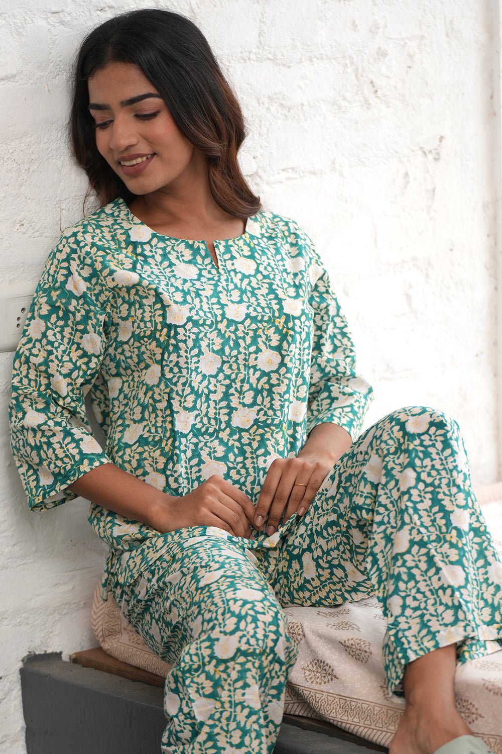 Aquamarine rush Block Printed Night suit - SootiSyahi
