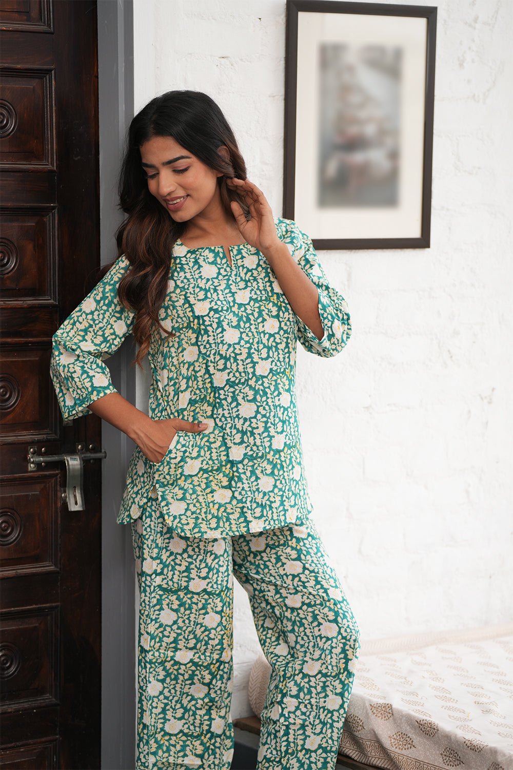 Aquamarine rush Block Printed Night suit - SootiSyahi