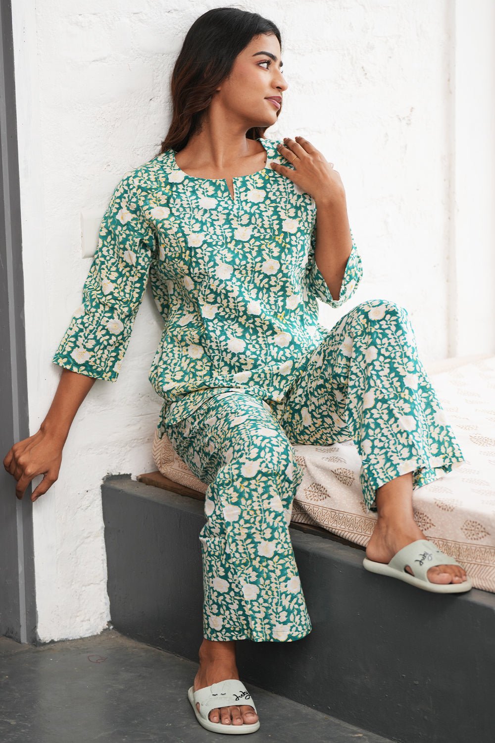 Aquamarine rush Block Printed Night suit - SootiSyahi
