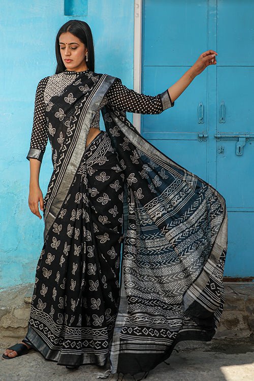 "ARIA" BLACK SLUB COTTON SAREE FOR WOMEN ONLINE- SootiSyahi