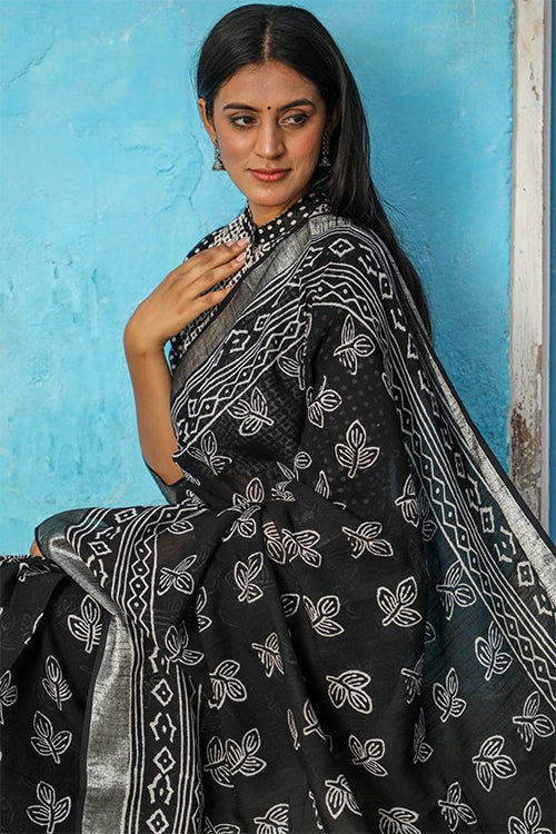 "ARIA" BLACK SLUB COTTON SAREE FOR WOMEN ONLINE- SootiSyahi