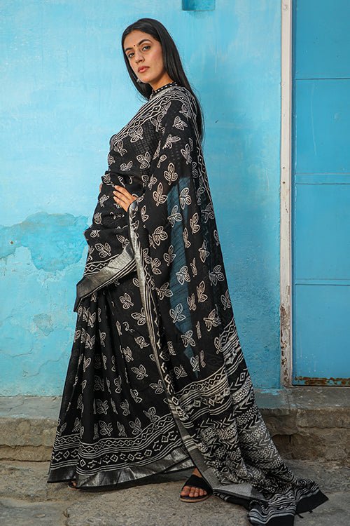 "ARIA" BLACK SLUB COTTON SAREE FOR WOMEN ONLINE- SootiSyahi