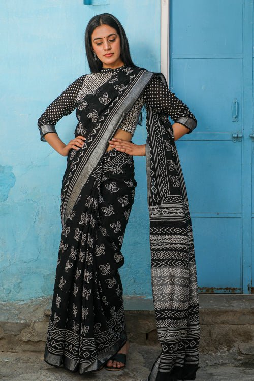 "ARIA" BLACK SLUB COTTON SAREE FOR WOMEN ONLINE- SootiSyahi