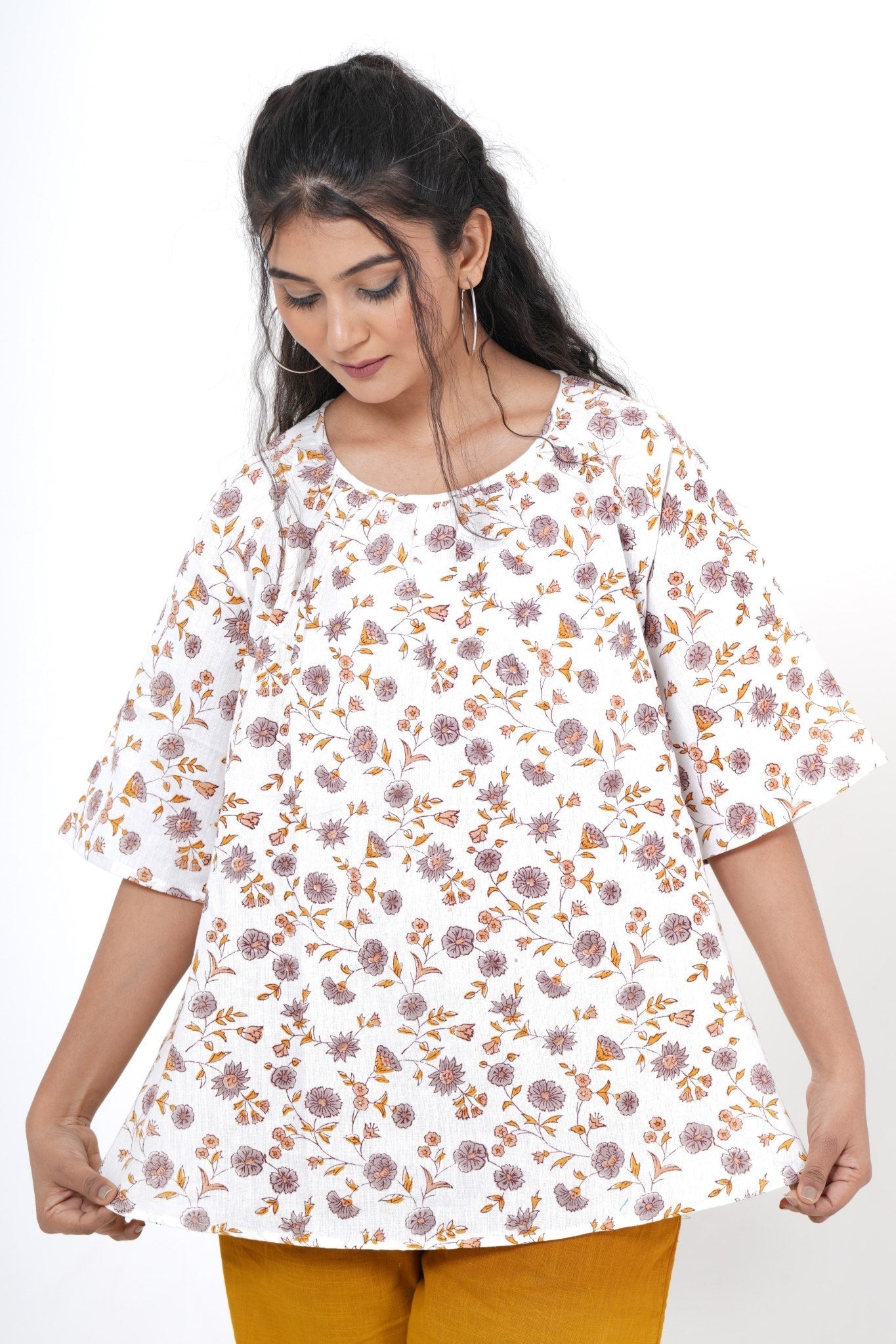 Aurora Flora Hand Block Printed Top - SootiSyahi