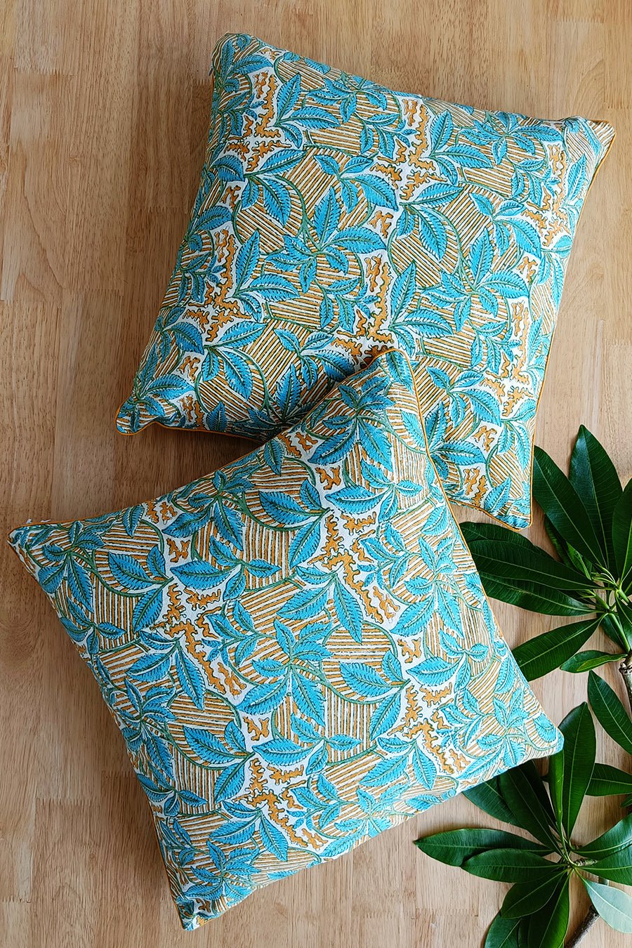 'Autumn Fest' Hand Printed Cotton Cushion Set Of Two - SootiSyahi