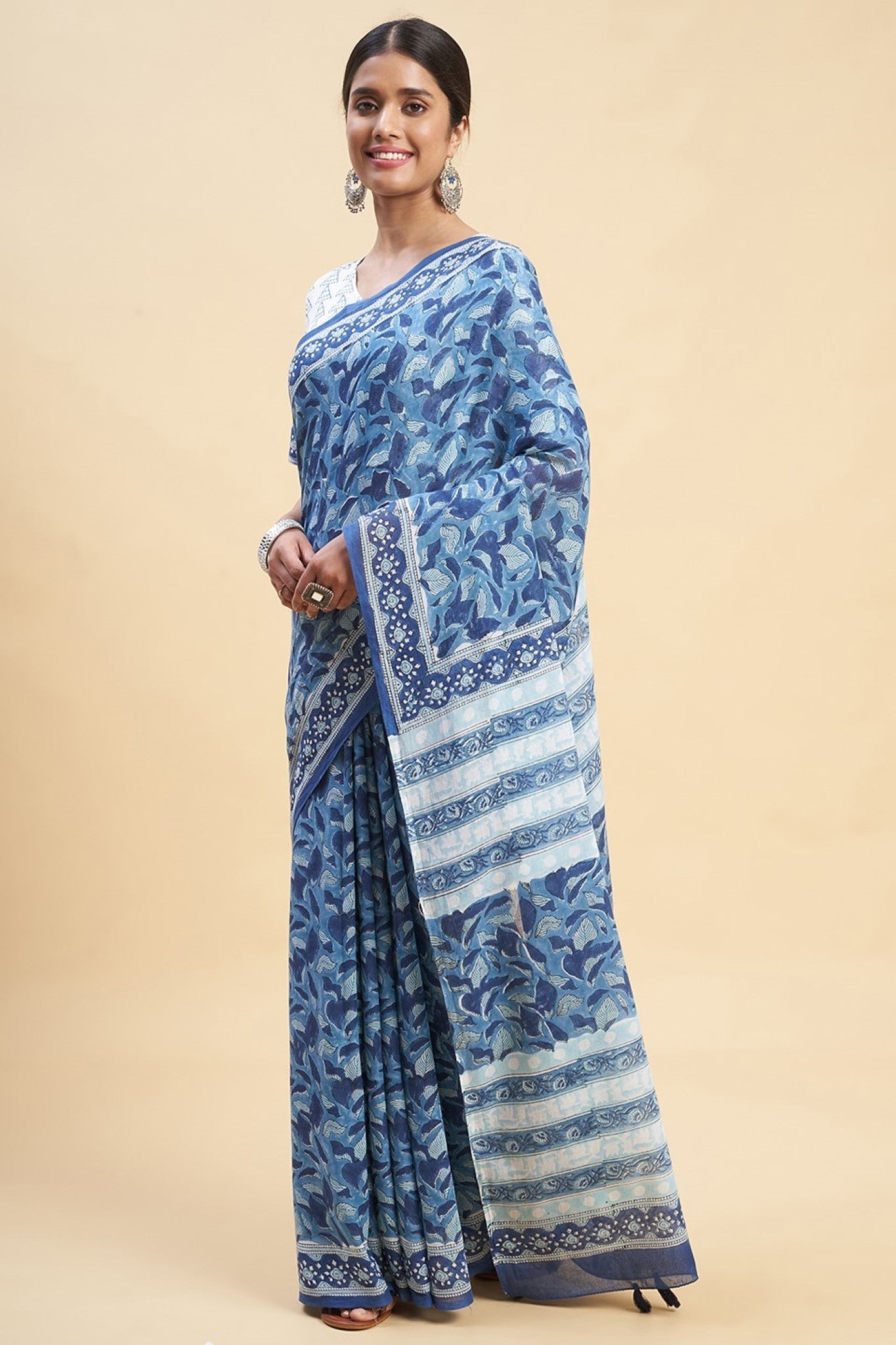 "Autumnal Blue'' Block Printed Cotton Saree - SootiSyahi