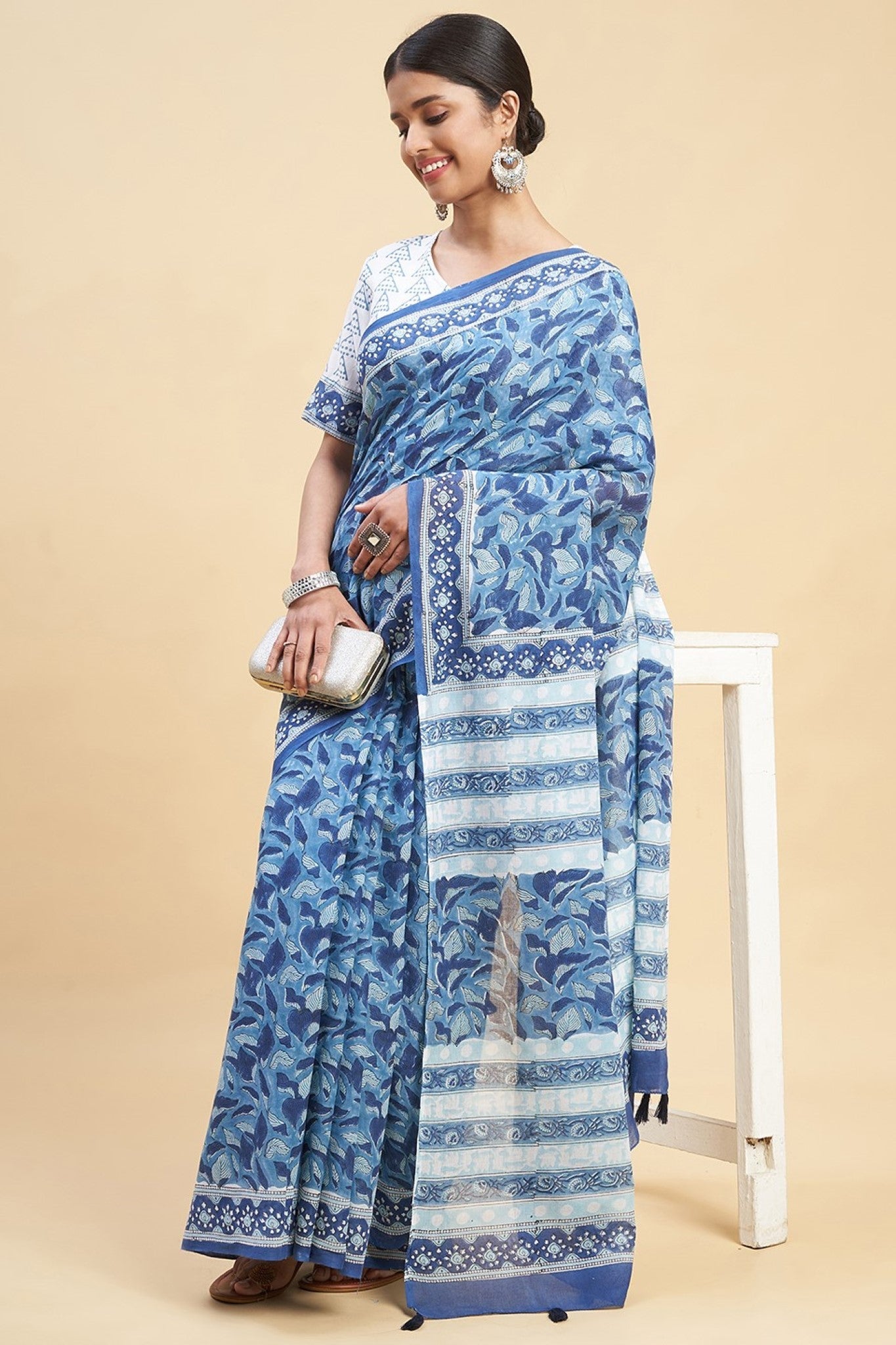 "Autumnal Blue'' Block Printed Cotton Saree - SootiSyahi