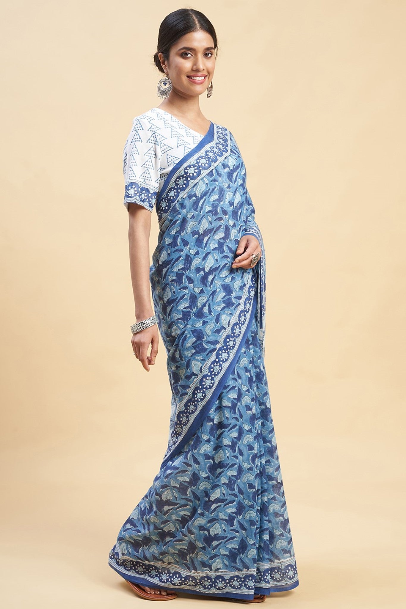 "Autumnal Blue'' Block Printed Cotton Saree - SootiSyahi