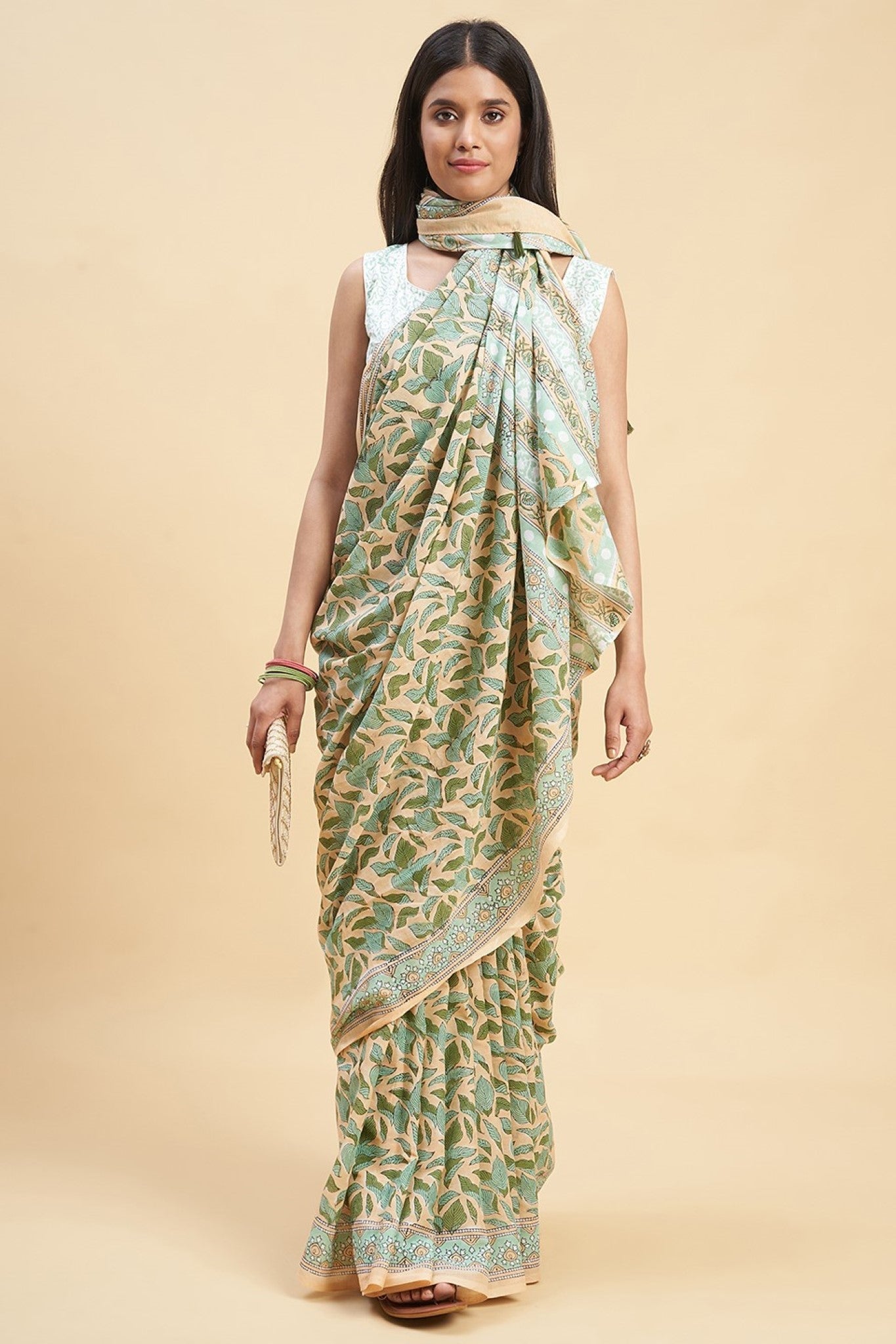 "Autumnal Peach'' Block Printed Cotton Saree - SootiSyahi