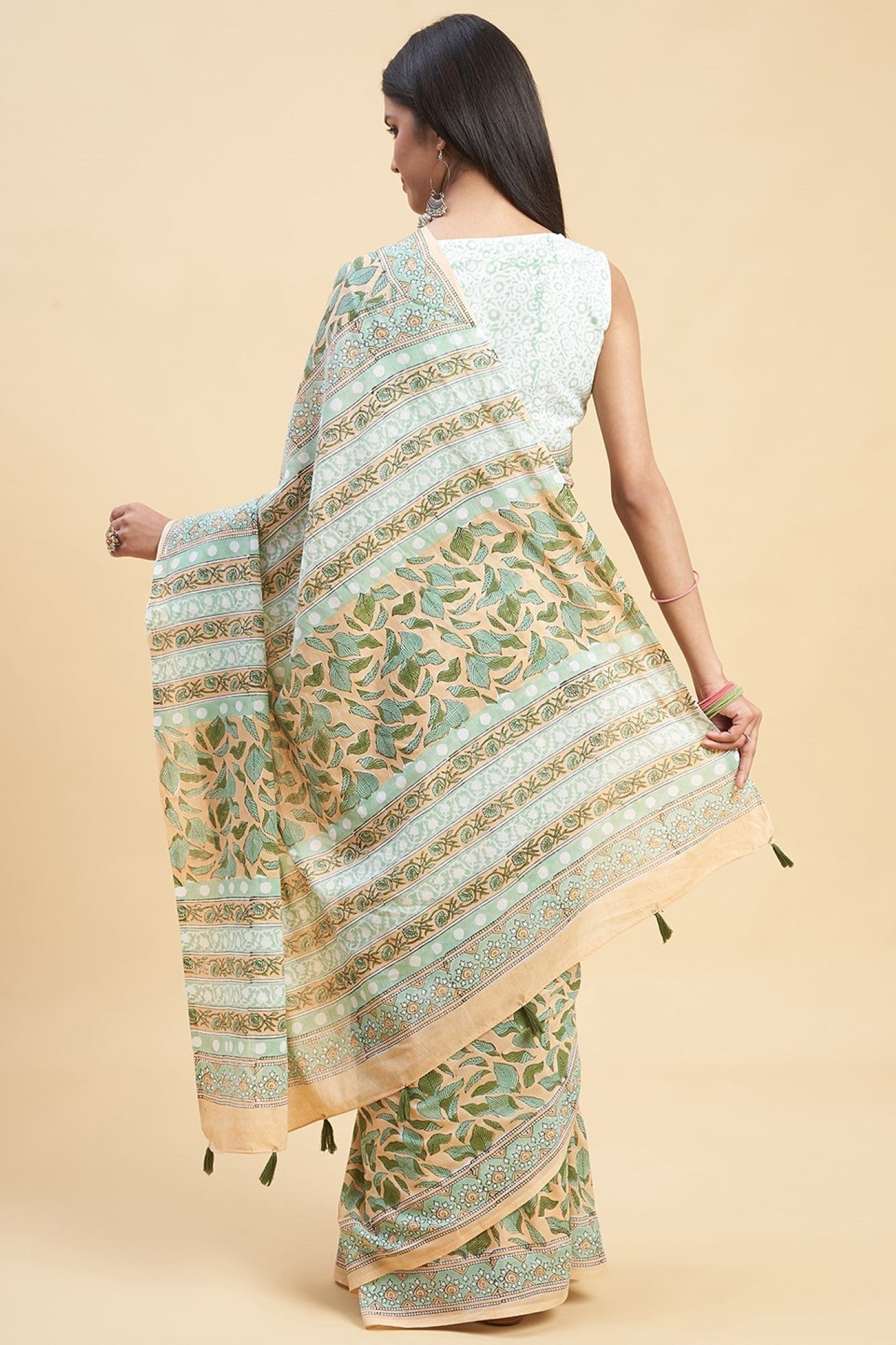 "Autumnal Peach'' Block Printed Cotton Saree - SootiSyahi