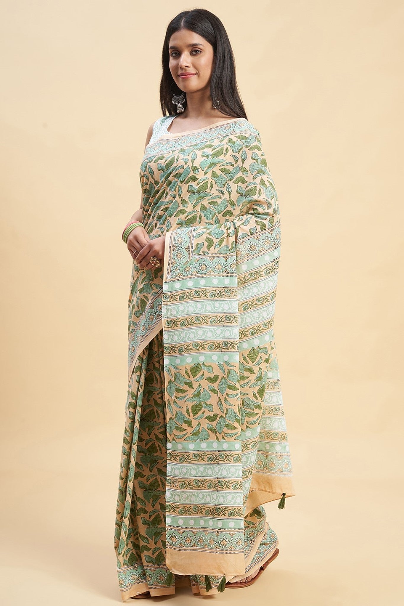"Autumnal Peach'' Block Printed Cotton Saree - SootiSyahi