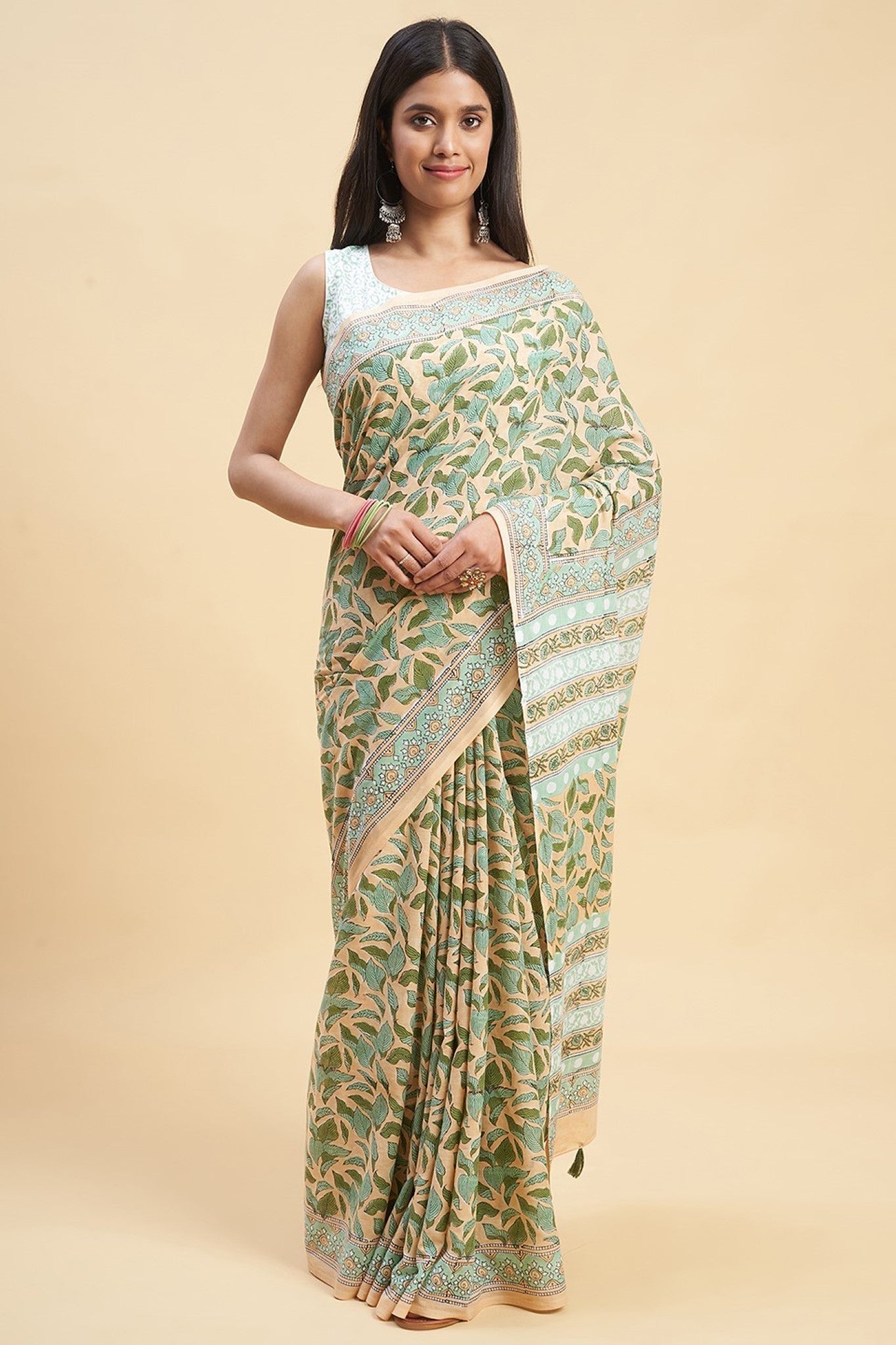 "Autumnal Peach'' Block Printed Cotton Saree - SootiSyahi