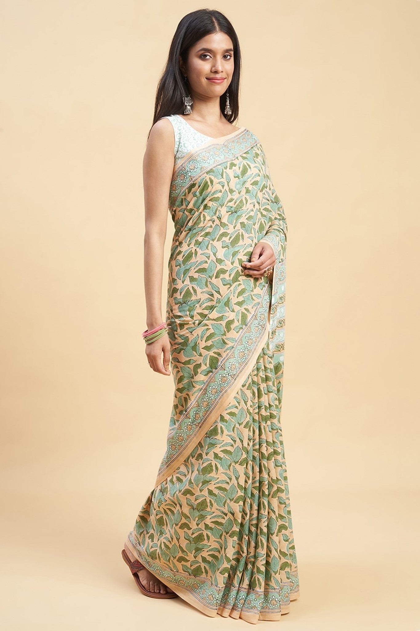 "Autumnal Peach'' Block Printed Cotton Saree - SootiSyahi