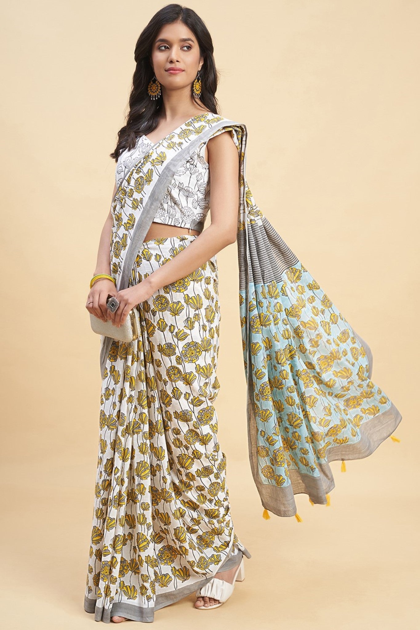 "Azalia Gray" HANDBLOCK PRINT MUL COTTON SAREE - SootiSyahi