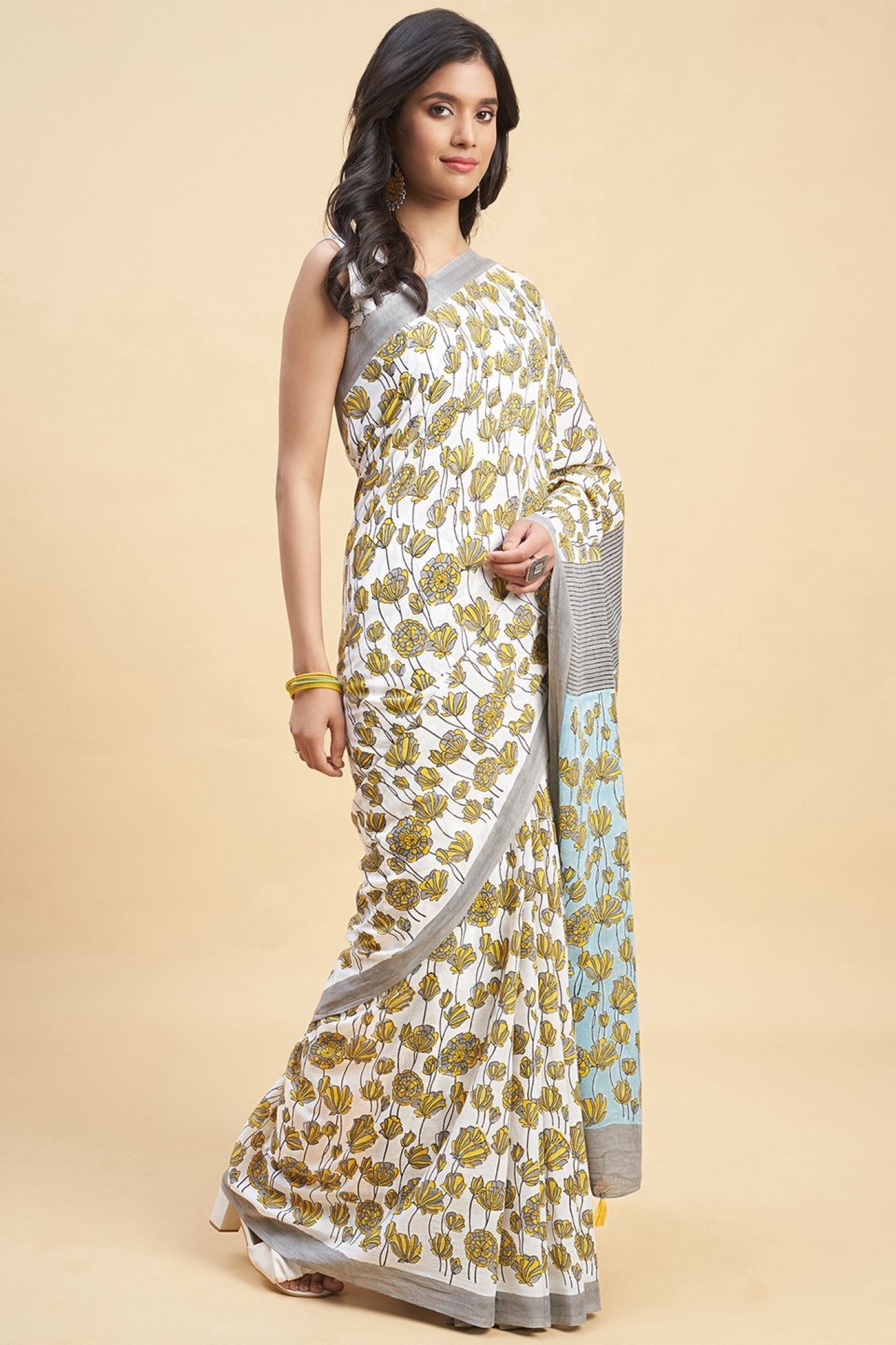 "Azalia Gray" HANDBLOCK PRINT MUL COTTON SAREE - SootiSyahi