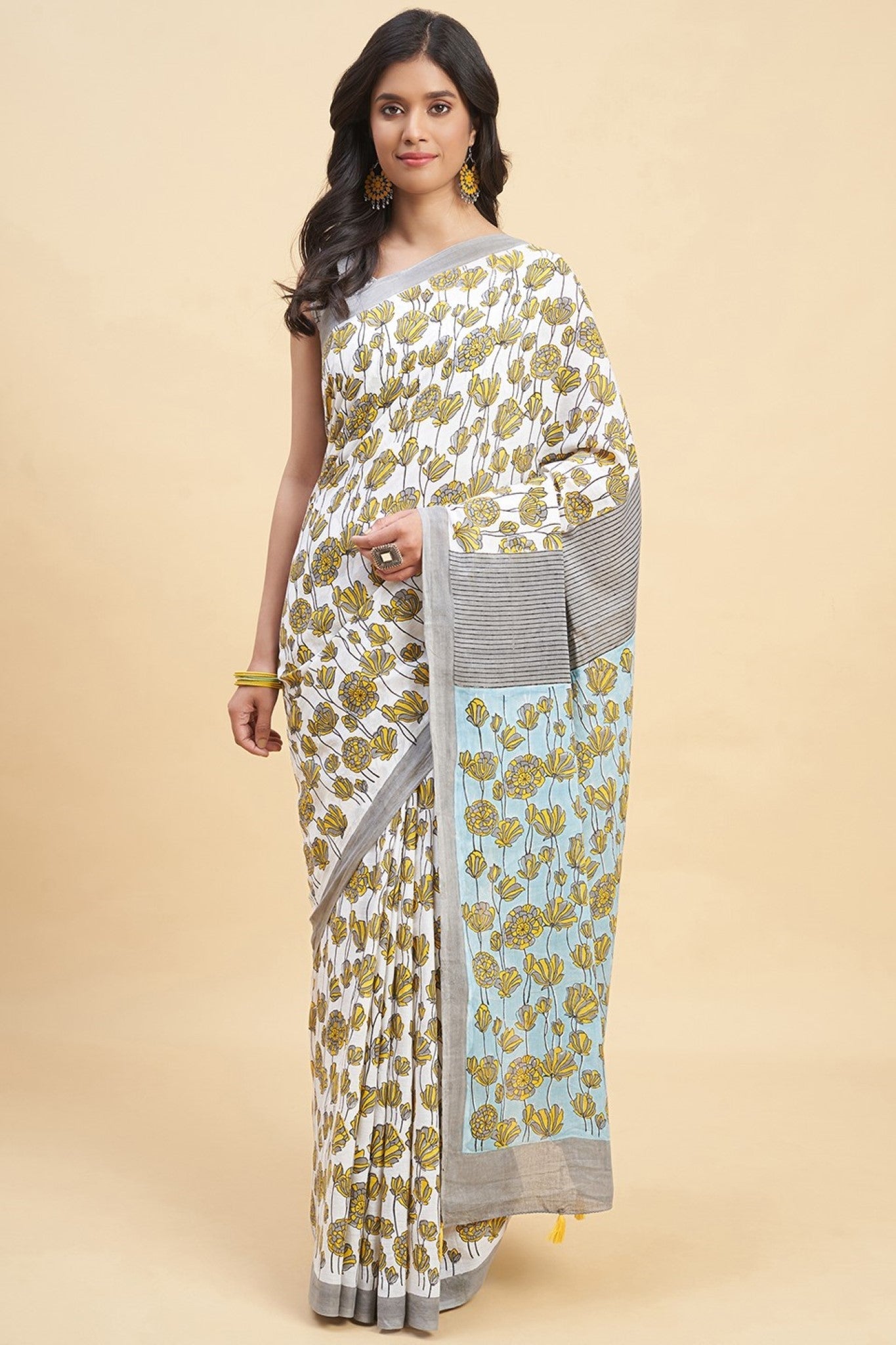 "Azalia Gray" HANDBLOCK PRINT MUL COTTON SAREE - SootiSyahi