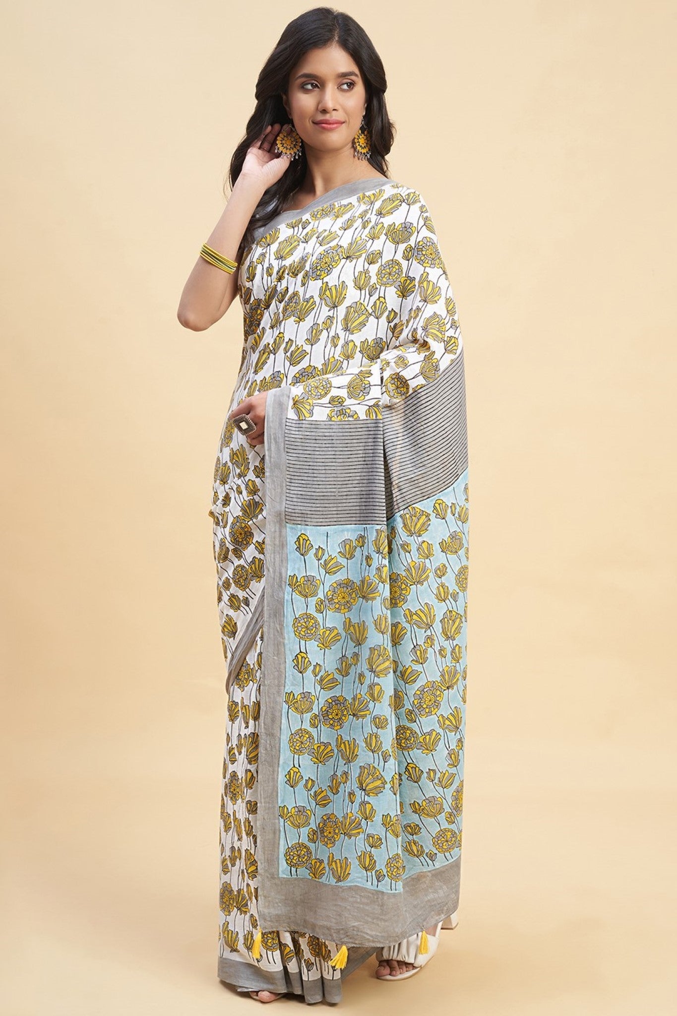 "Azalia Gray" HANDBLOCK PRINT MUL COTTON SAREE - SootiSyahi
