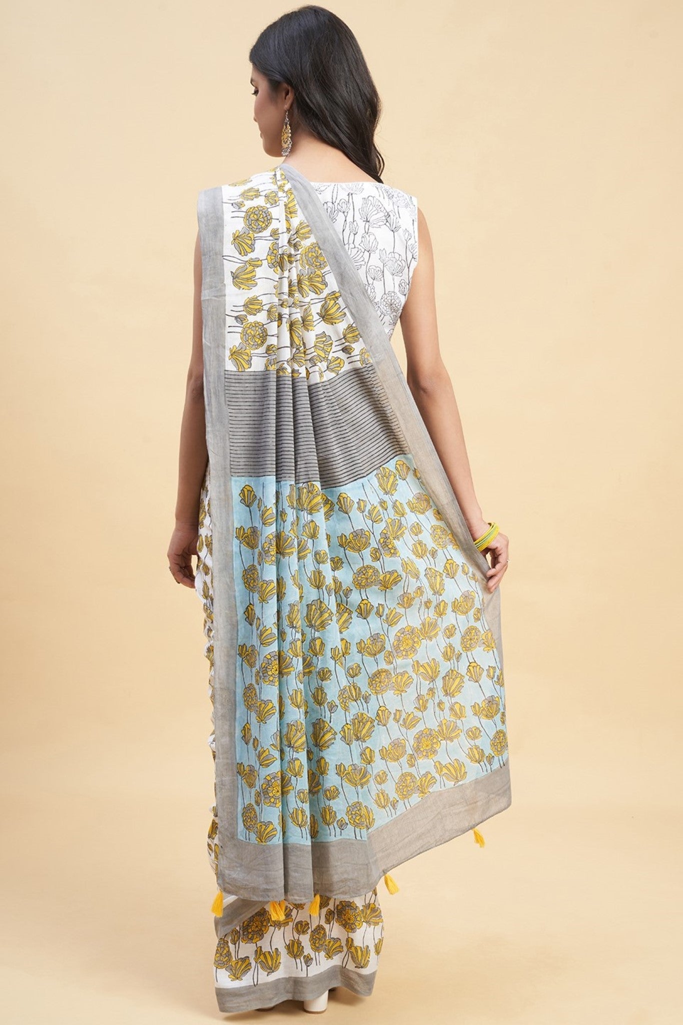 "Azalia Gray" HANDBLOCK PRINT MUL COTTON SAREE - SootiSyahi