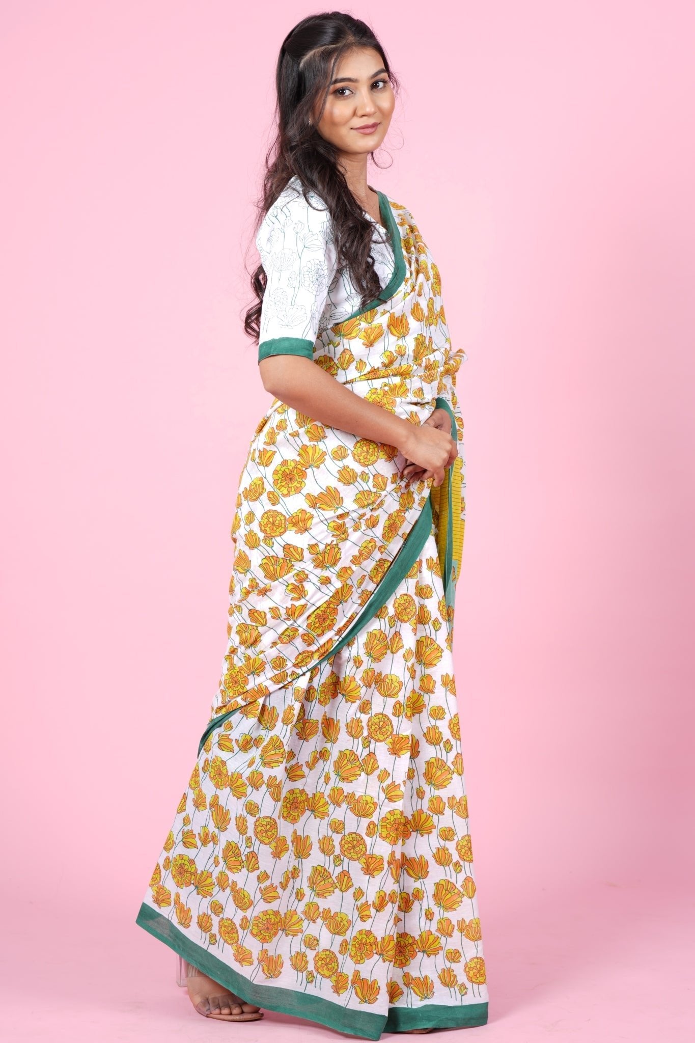 "Azalia Green" HANDBLOCK PRINT MUL COTTON SAREE - SootiSyahi