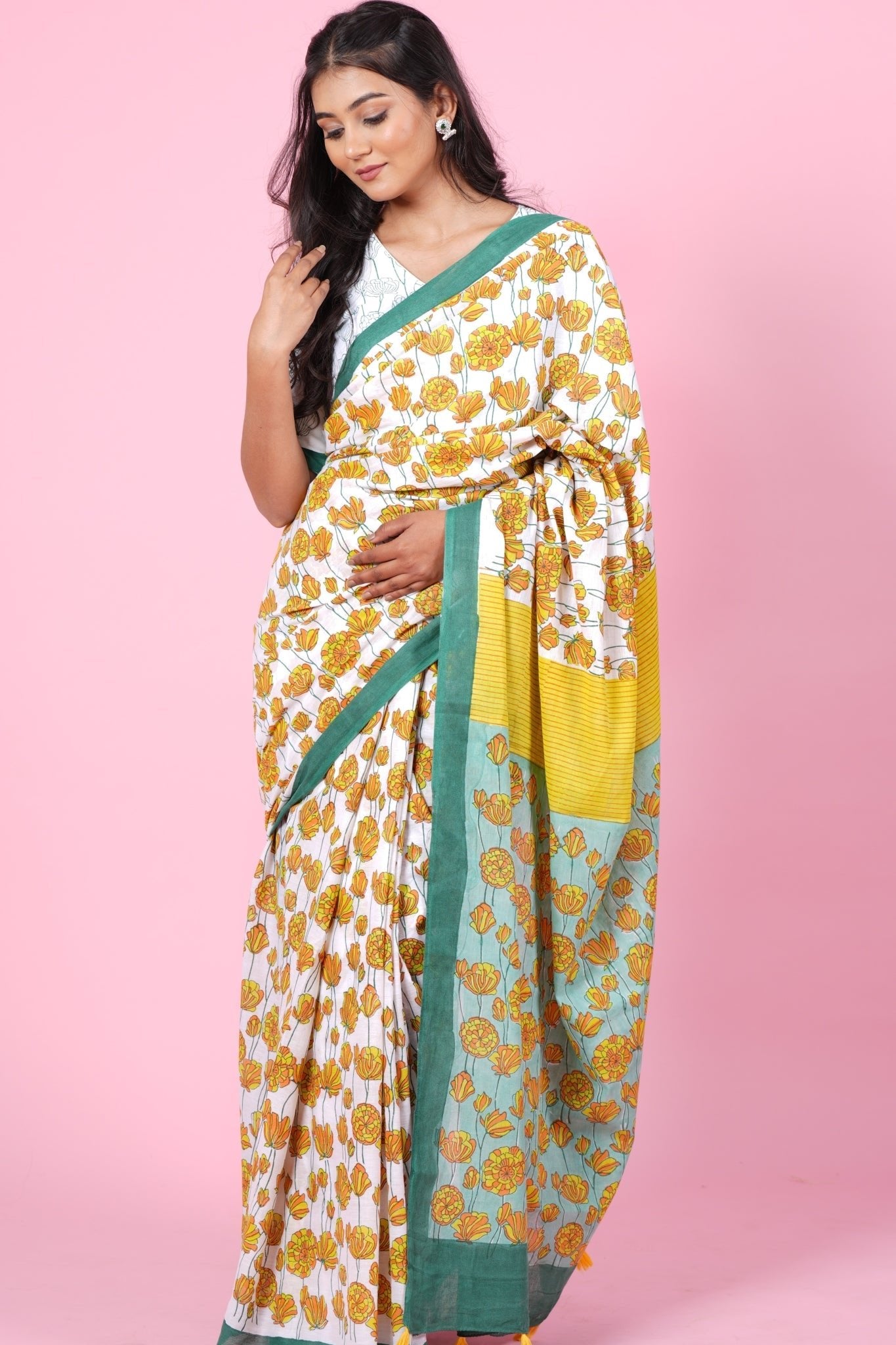 "Azalia Green" HANDBLOCK PRINT MUL COTTON SAREE - SootiSyahi