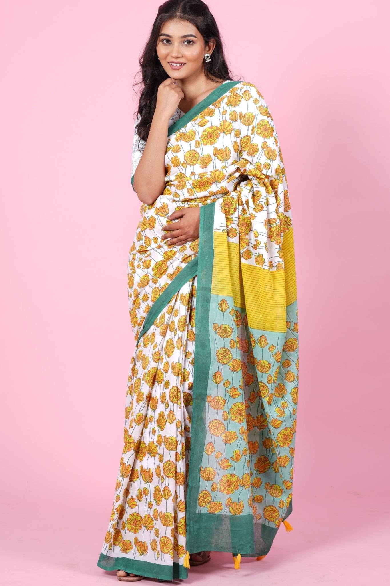 "Azalia Green" HANDBLOCK PRINT MUL COTTON SAREE - SootiSyahi