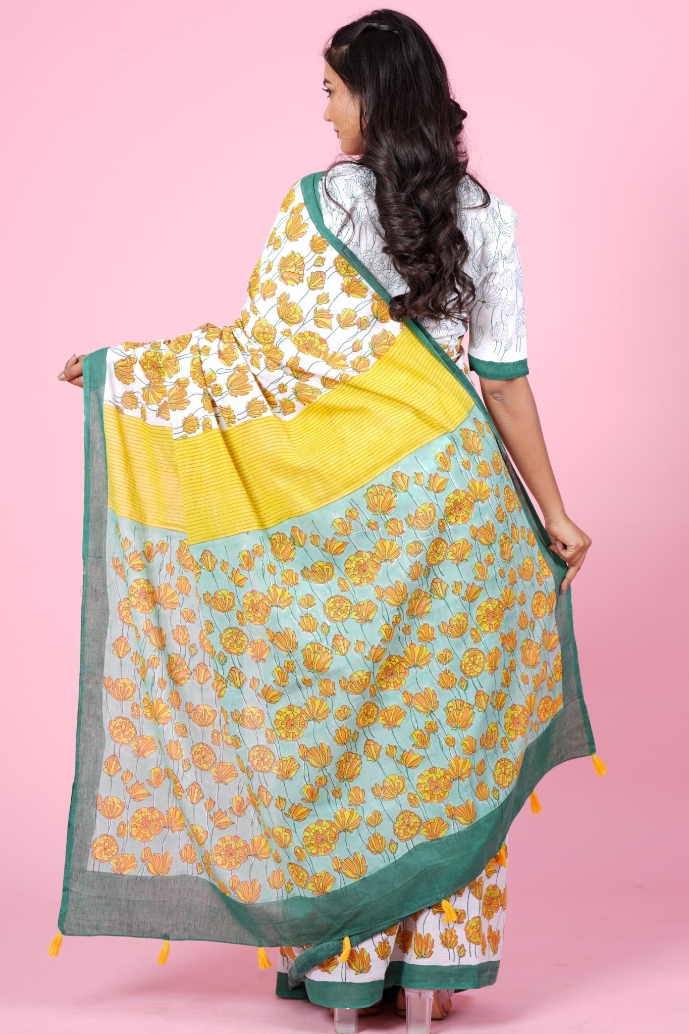 "Azalia Green" HANDBLOCK PRINT MUL COTTON SAREE - SootiSyahi