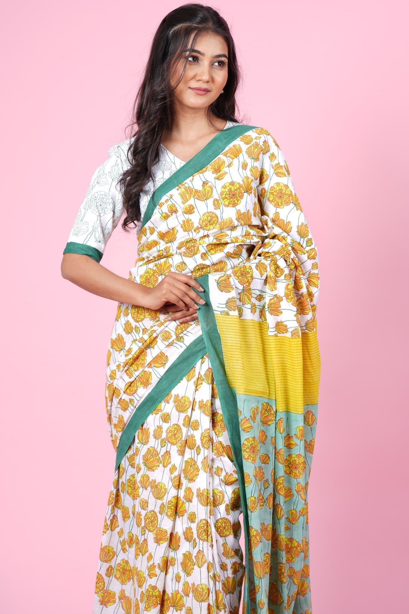 "Azalia Green" HANDBLOCK PRINT MUL COTTON SAREE - SootiSyahi
