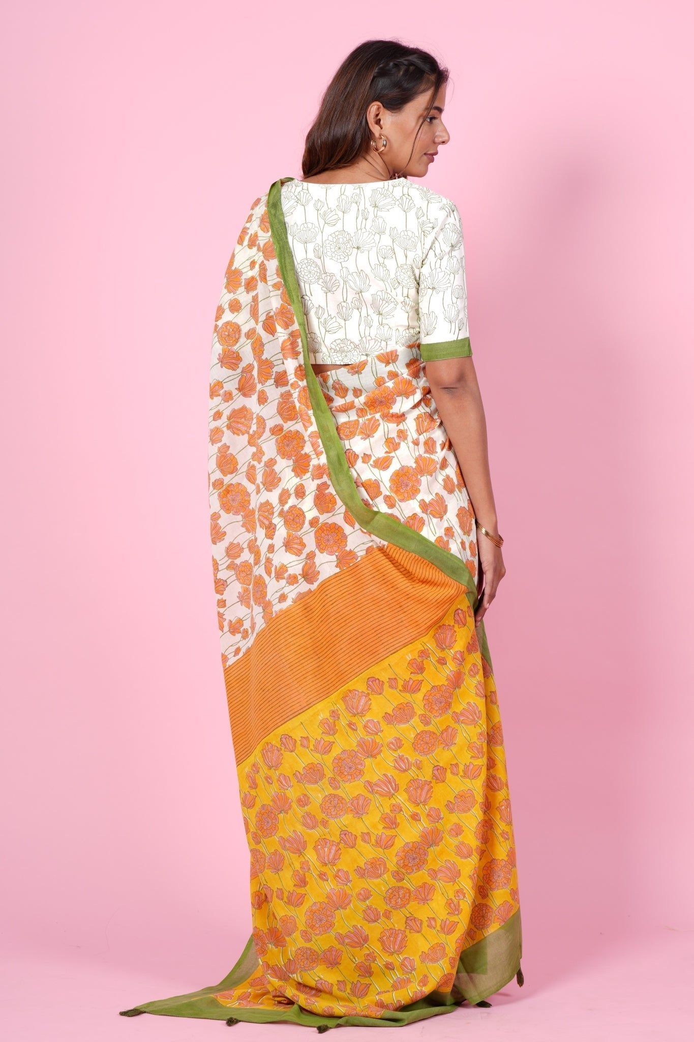 "Azalia Orange" HANDBLOCK PRINT MUL COTTON SAREE - SootiSyahi