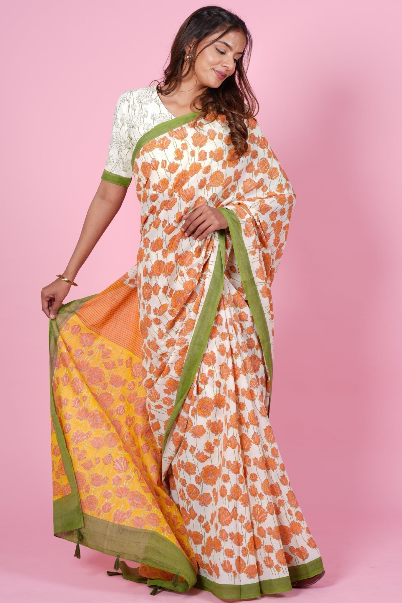 "Azalia Orange" HANDBLOCK PRINT MUL COTTON SAREE - SootiSyahi