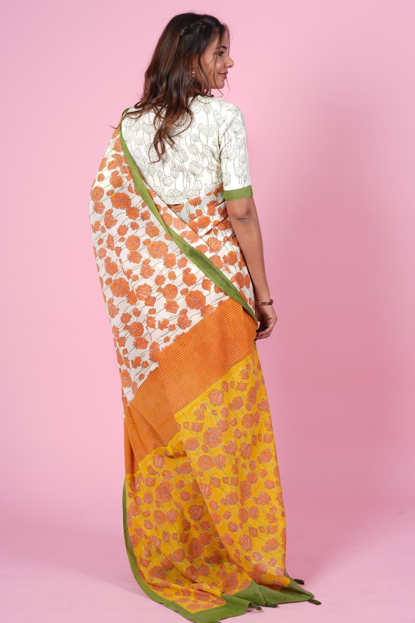 "Azalia Orange" HANDBLOCK PRINT MUL COTTON SAREE - SootiSyahi
