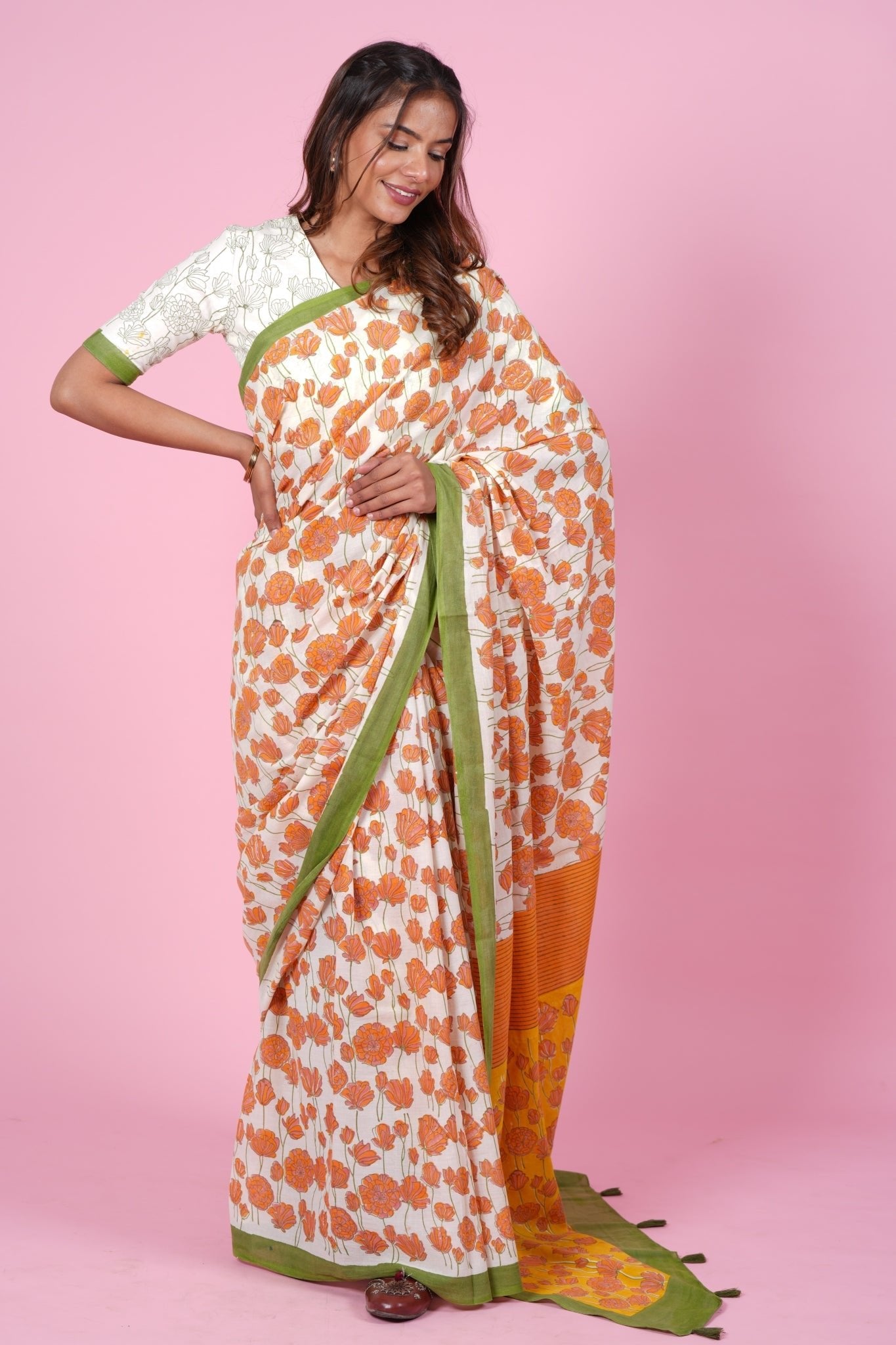 "Azalia Orange" HANDBLOCK PRINT MUL COTTON SAREE - SootiSyahi